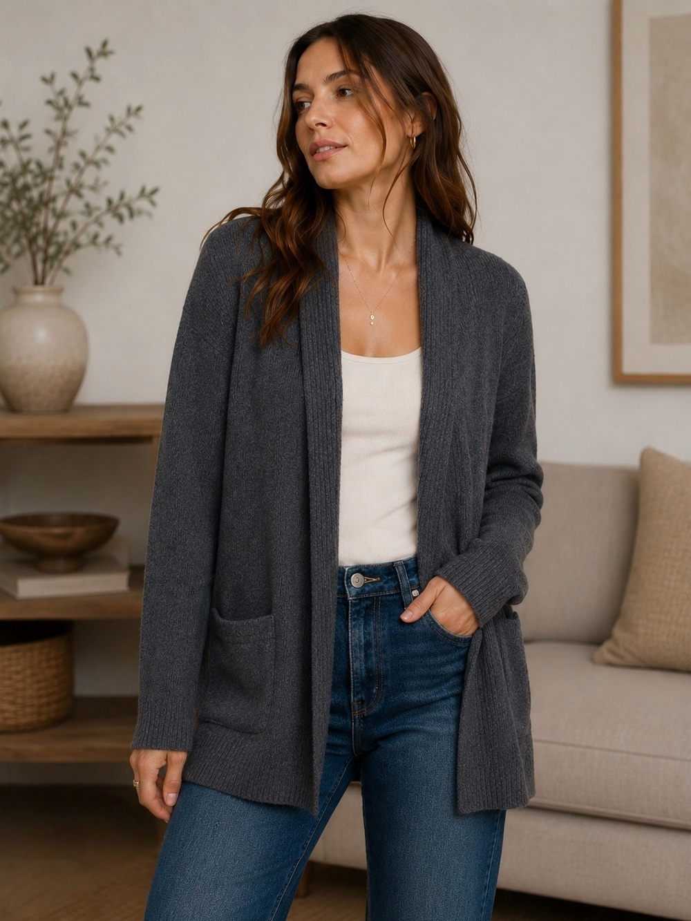 Lord & Taylor 100% Cashmere Charcoal Gray Open Front Long Cardigan Size XS Cozy